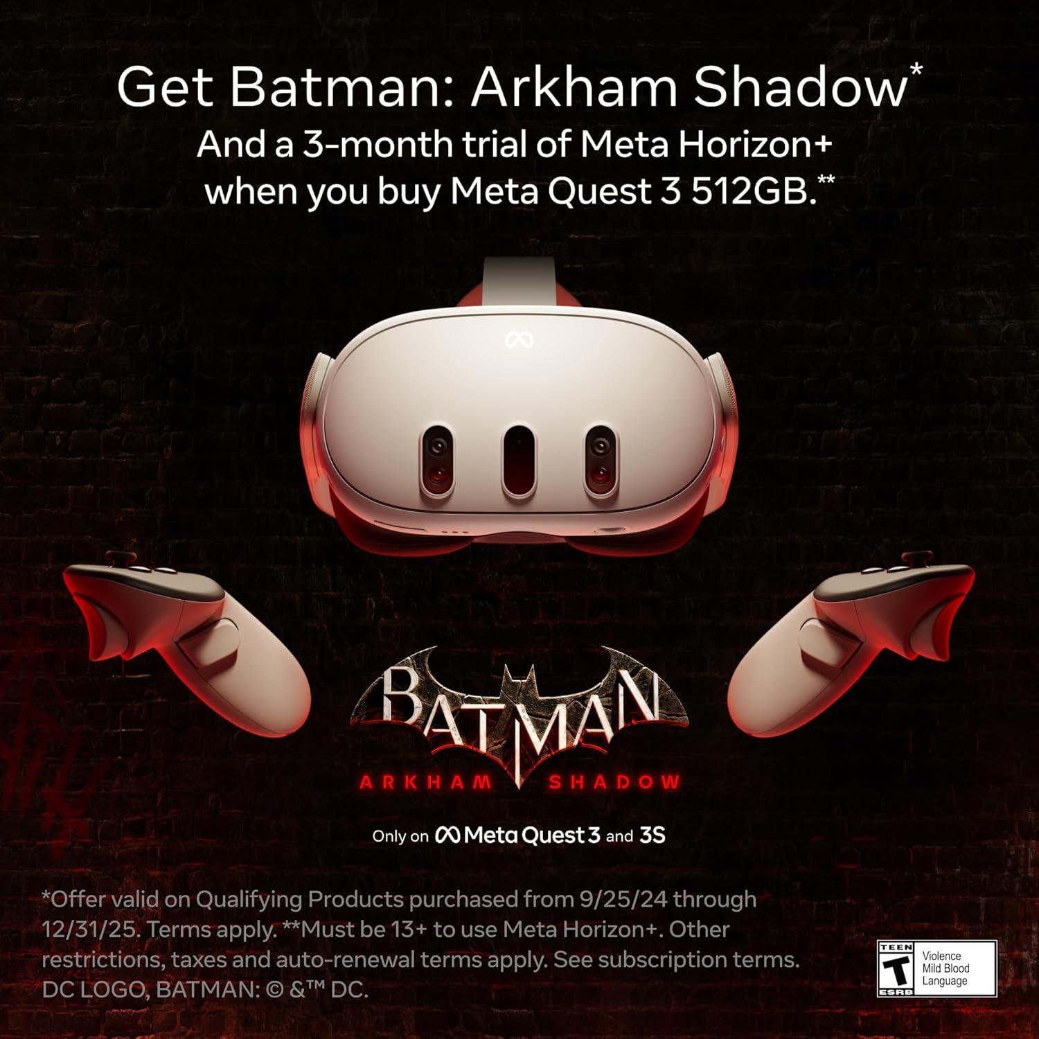 imageMeta Quest 3 512GB  Thirty Percent Sharper Resolution  2X Graphical Processing Power  Play Without Wires  Get Batman Arkham Shadow and a 3Month Trial of Meta Horizon Included512GB Batman Included